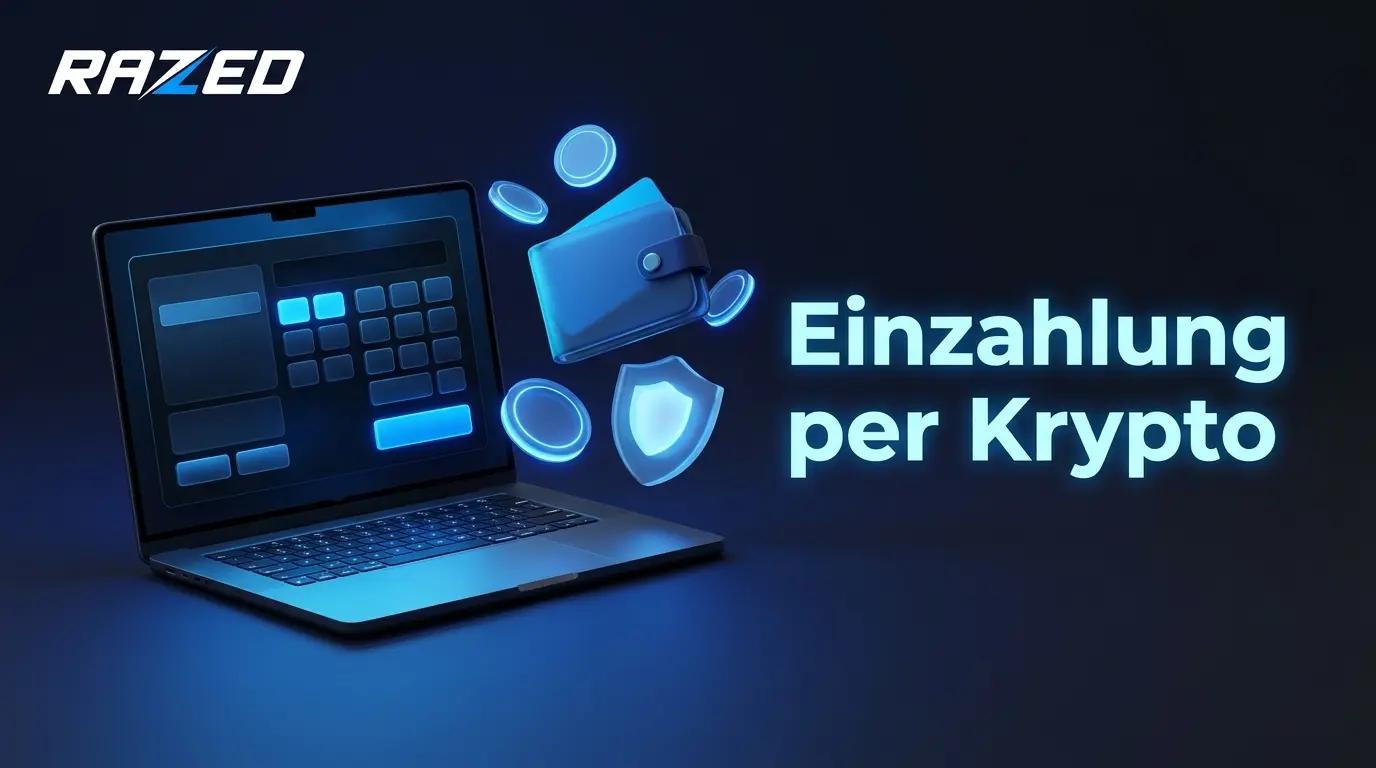 Einzahlung per Krypto bei Razed: Wallet, Münzen und Sicherheitsschild