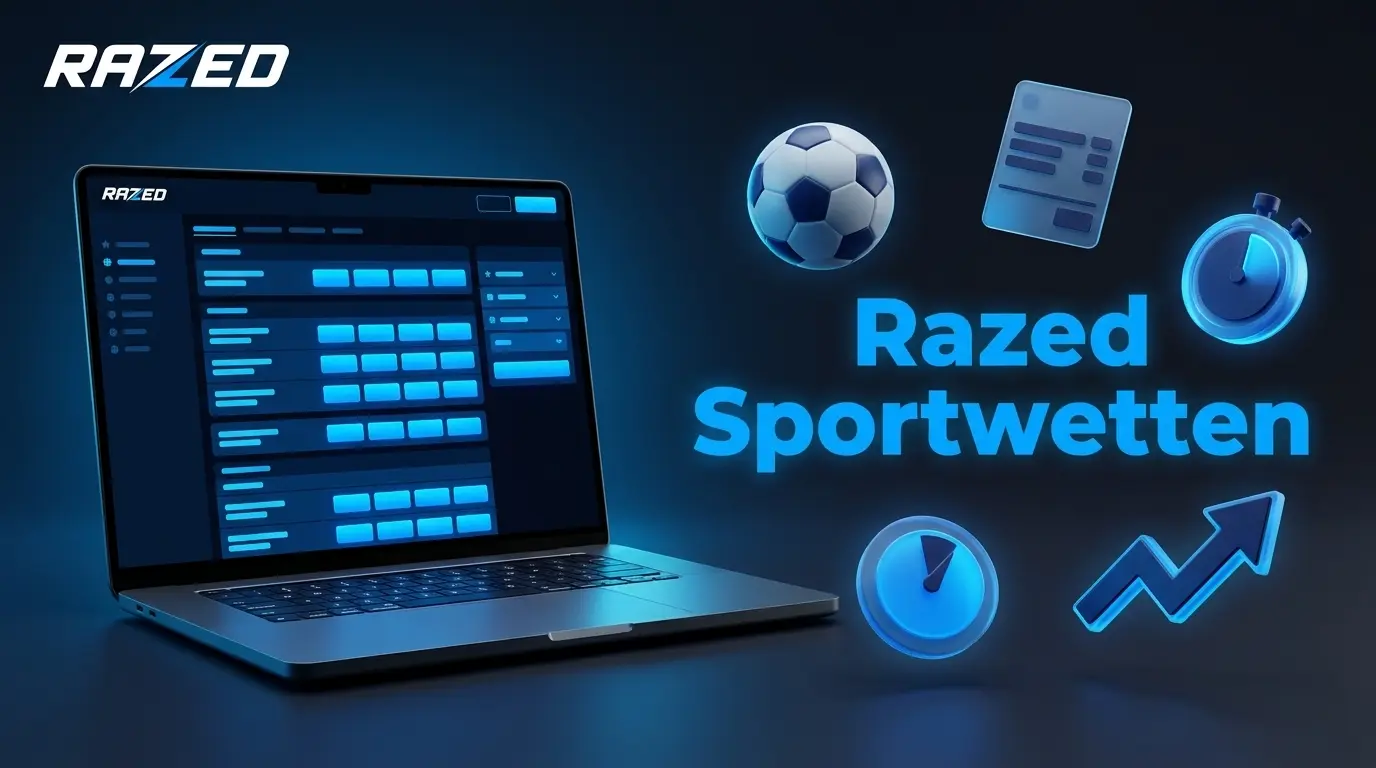 Razed Sportwetten: Laptop mit Sportwetten-Oberfläche, Fußball und Live-Wetten